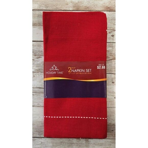 Holiday Time Red White Line 100% Cotton Fabric Napkin Set Pack of 4 17" x 17" - Picture 2 of 5